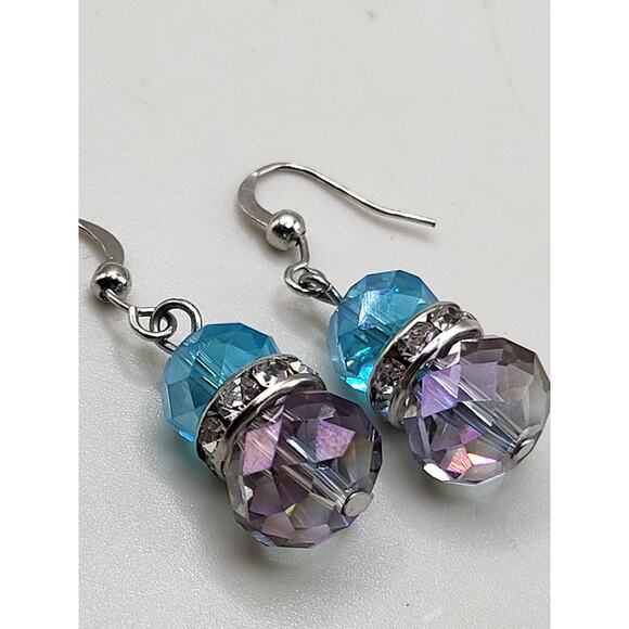 Blue Purple Faceted Glass Bead Earrings Rhinestone Spacer Dangle Jewelry - Picture 1 of 5